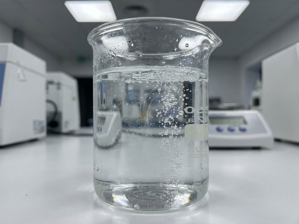 Laborbecher mit klarem Wasser und Ozonbläschen bei der Wasserreinigung auf weißer Arbeitsfläche
