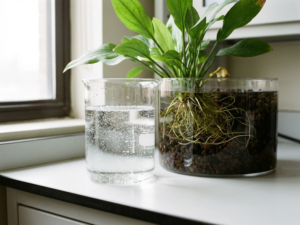 Sprudelndes ozoniertes Wasser in Laborglas neben grüner Wasserpflanze mit Sauerstoffbläschen auf weißer Arbeitsplatte