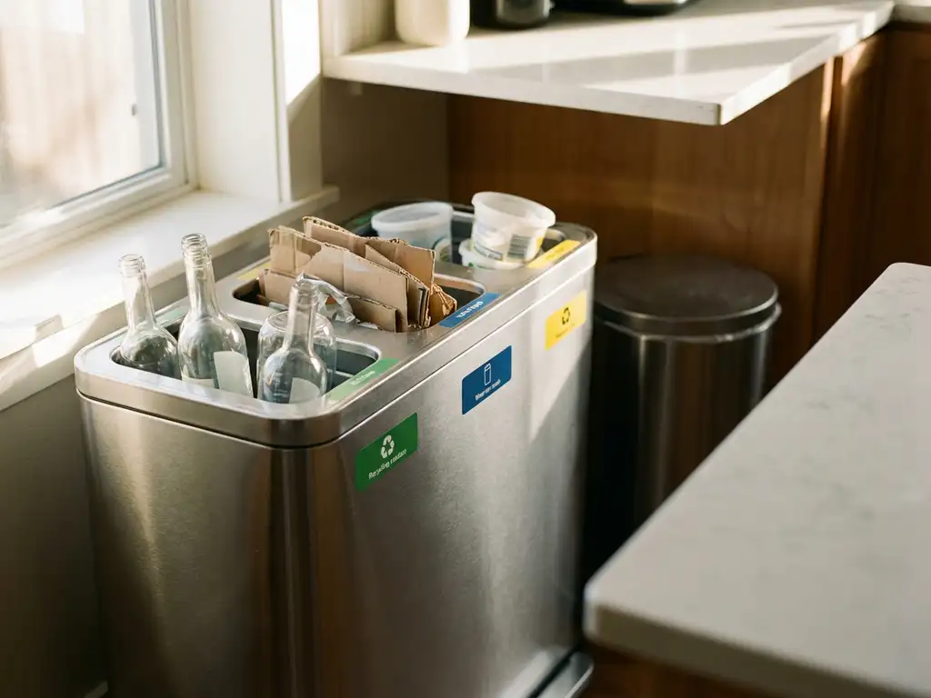 Moderner Recycling-Behälter mit farbigen Fächern auf Küchentheke, sortierte Glas-, Papier- und Plastikabfälle darin