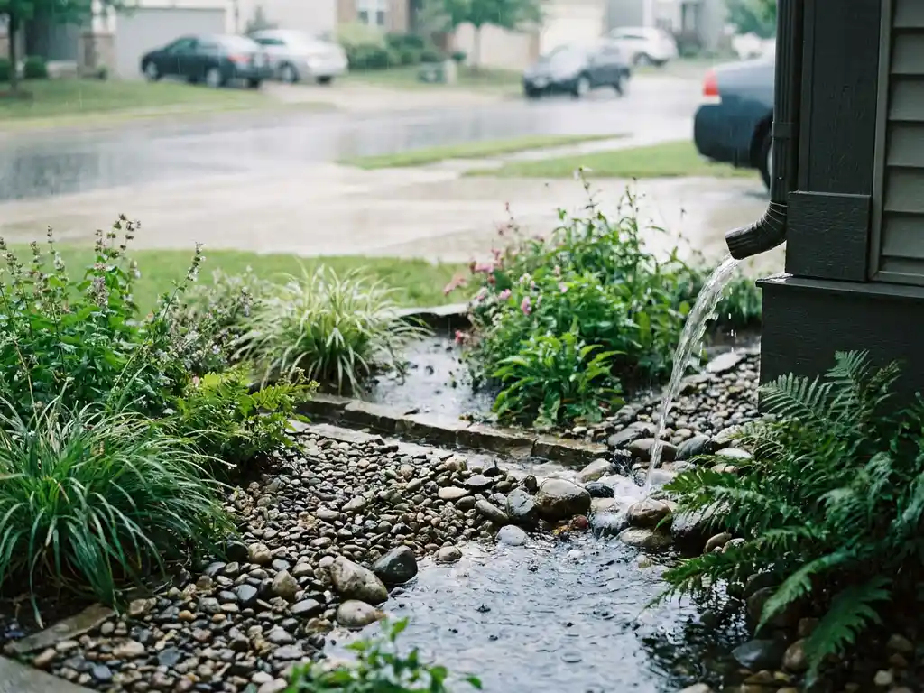 Regengart am Haus leitet Regenwasser vom Fallrohr in Kiesbeet mit Wildpflanzen, nasse Blätter glänzen im Tageslicht.