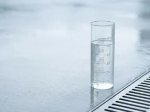 Regenmesser mit klaren Markierungen sammelt Regenwasser auf Betonoberfläche neben modernem Abflussrost