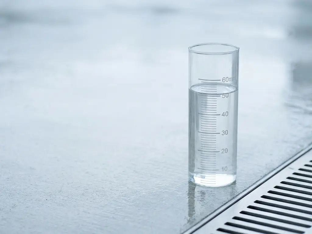 Regenmesser mit klaren Markierungen sammelt Regenwasser auf Betonoberfläche neben modernem Abflussrost