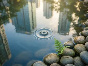 Regentropfen erzeugt sanfte Wellen auf ruhiger Wasseroberfläche mit grüner Pflanze zwischen glatten Steinen am Ufer