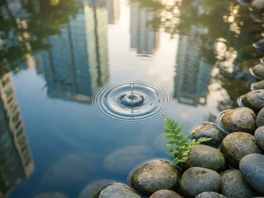 Regentropfen erzeugt sanfte Wellen auf ruhiger Wasseroberfläche mit grüner Pflanze zwischen glatten Steinen am Ufer