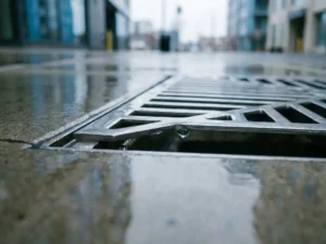 Sauberer Regenwasserabfluss mit geometrischen Metallstäben auf glattem Beton, Regentropfen am Rand bereit zu fallen