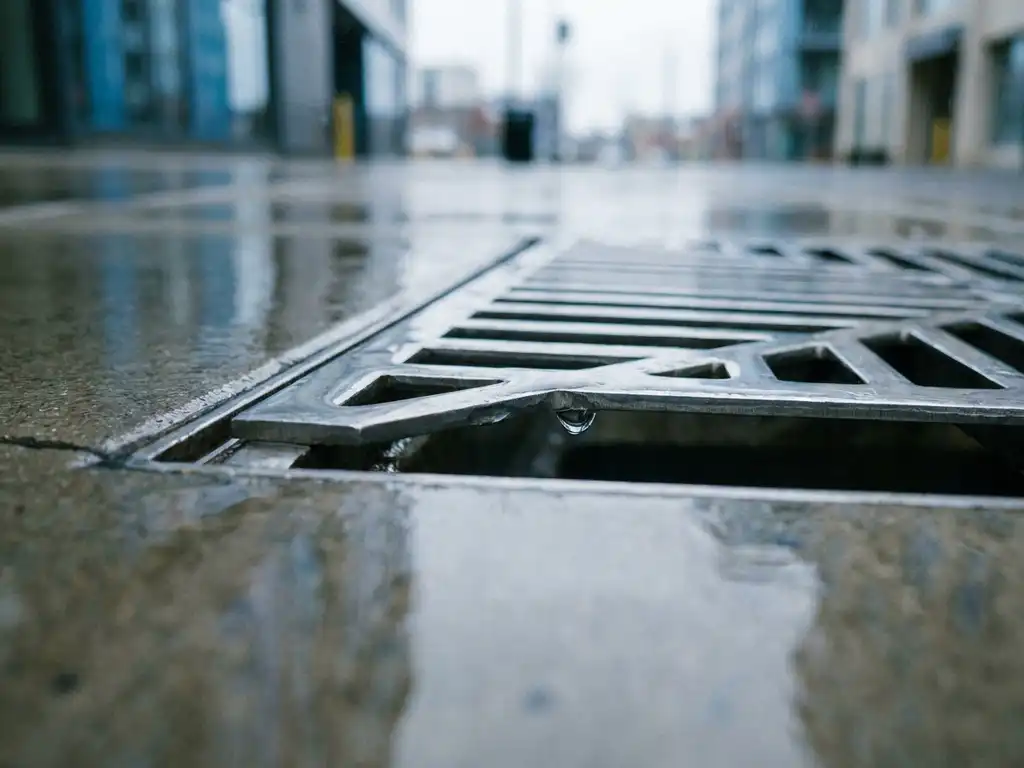 Sauberer Regenwasserabfluss mit geometrischen Metallstäben auf glattem Beton, Regentropfen am Rand bereit zu fallen