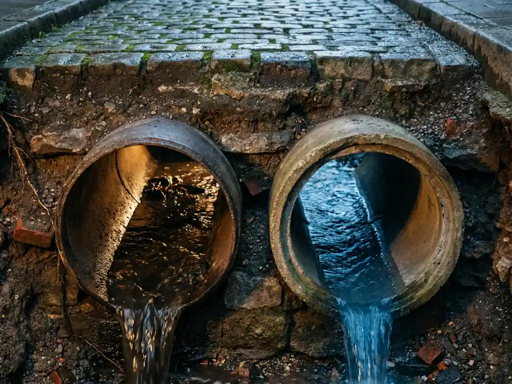 Querschnitt zweier unterirdischer Rohre im Stadtboden: eines mit trübem Mischwasser, eines mit klarem Regenwasser, beleuchtet von dramatischem Seitenlicht.