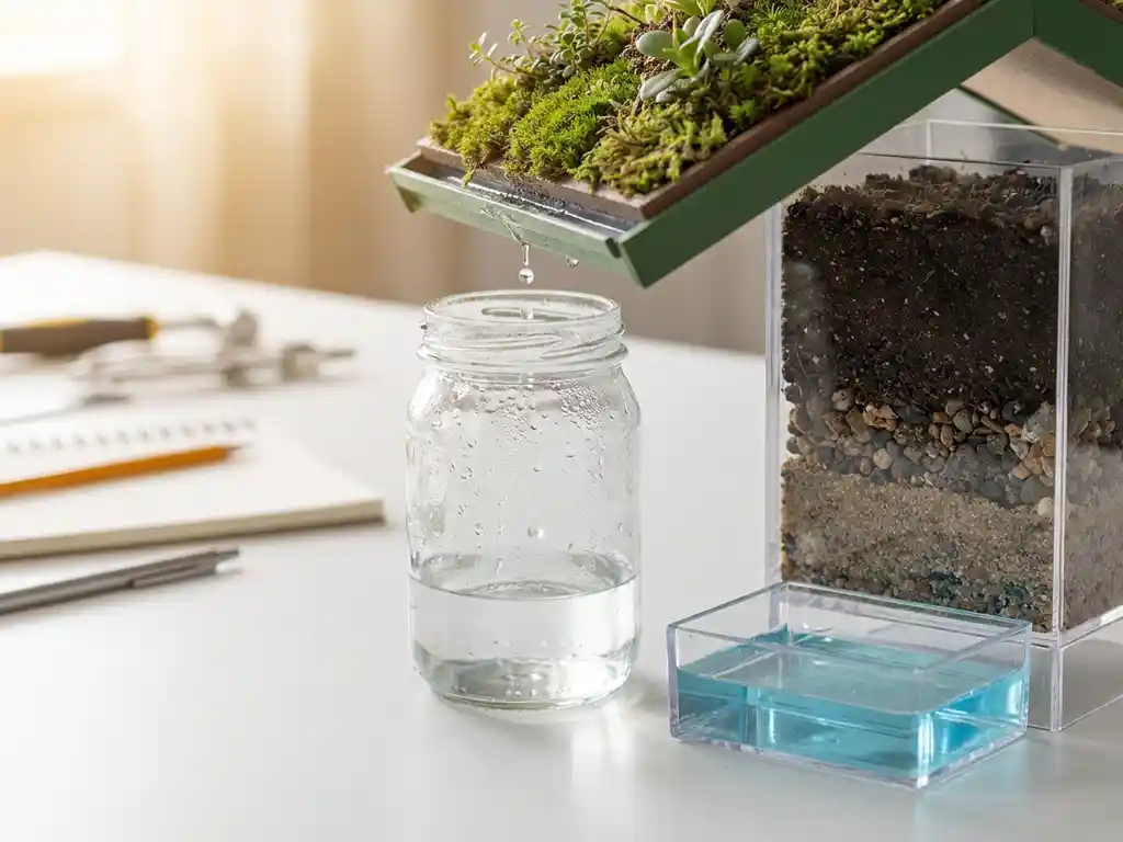 Glasgefäß sammelt Regenwasser unter grünem Miniatur-Dach neben Bodenschicht-Querschnitt mit Kiesschichten und blauem Rückhaltebecken