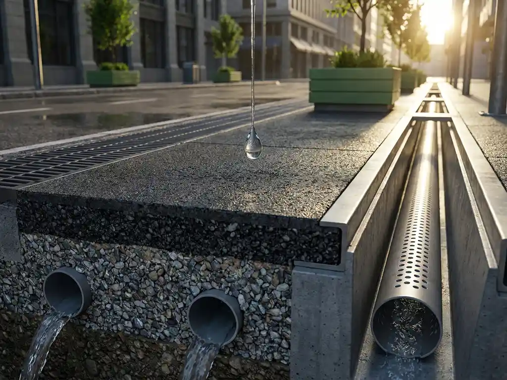 Querschnitt durch städtischen Asphalt zeigt Regenwasser, das durch durchlässigen Beton in Drainagesystem fließt