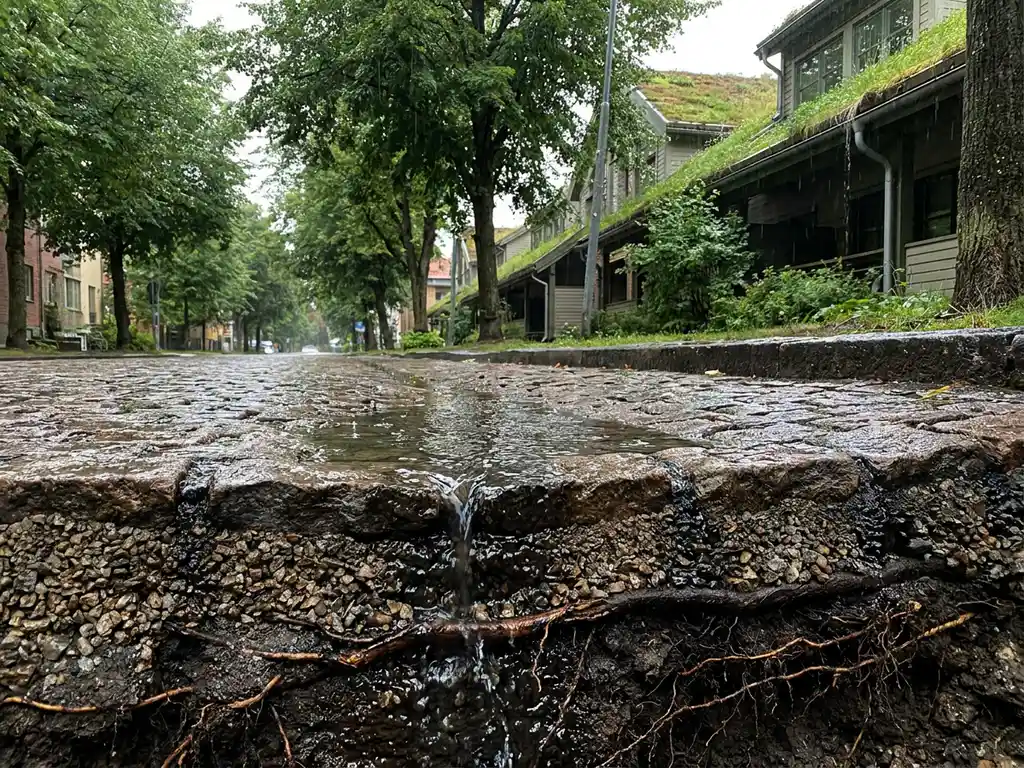 Städtische Straße mit permeablem Kopfsteinpflaster, Gründächern und Straßenbäumen, die Regenwasser in den Untergrund ableiten.