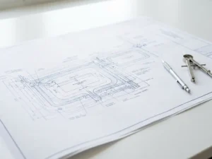 Technische Zeichnung eines Regenwassermanagementsystems mit blauen Linien auf weißem Papier, daneben Bleistift und Zirkel