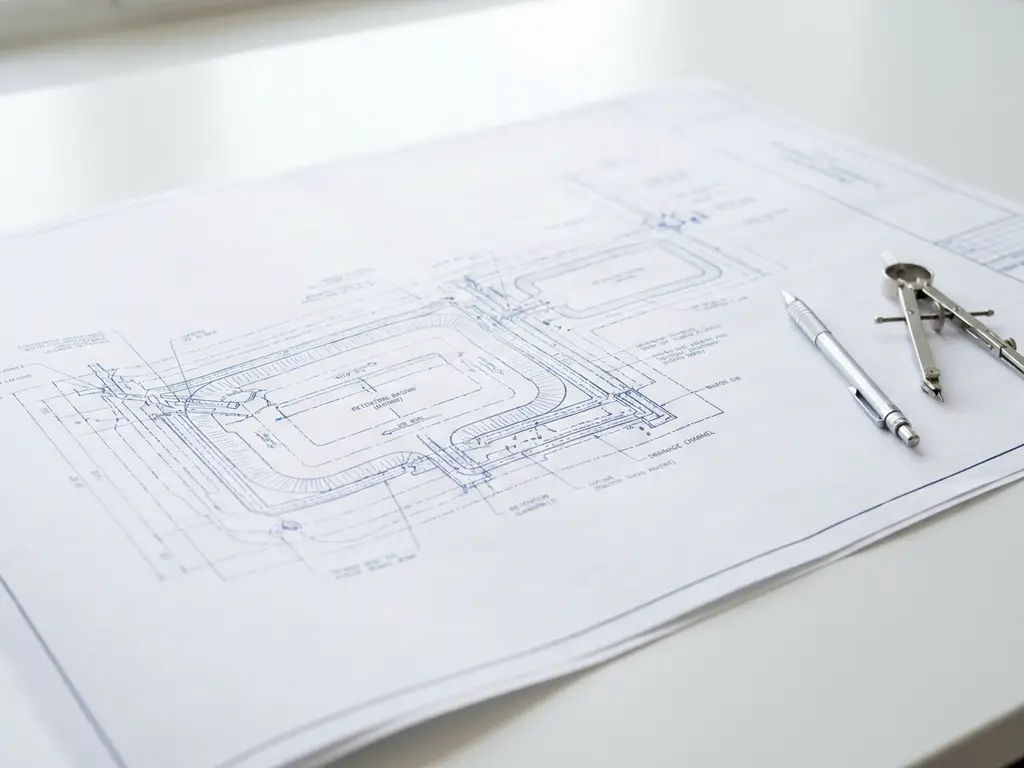 Technische Zeichnung eines Regenwassermanagementsystems mit blauen Linien auf weißem Papier, daneben Bleistift und Zirkel