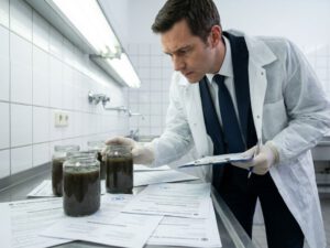 Regulierungsinspektor untersucht Klärschlammproben in Glascontainern im Labor mit deutschen Behördendokumenten
