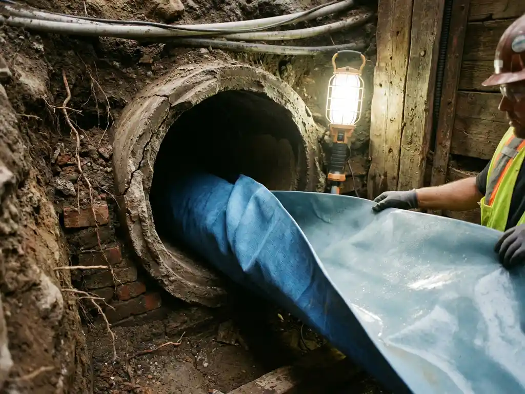 Arbeiter installiert flexiblen Textilliner in beschädigtes Betonabwasserrohr während unterirdischer Rohrsanierung