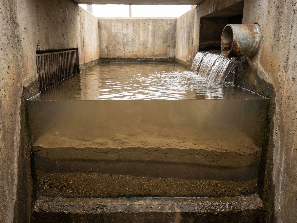 Querschnitt eines Betonklärbeckens mit geschichteten Sedimenten am Boden und klarem Wasserablauf durch Überlaufrohr