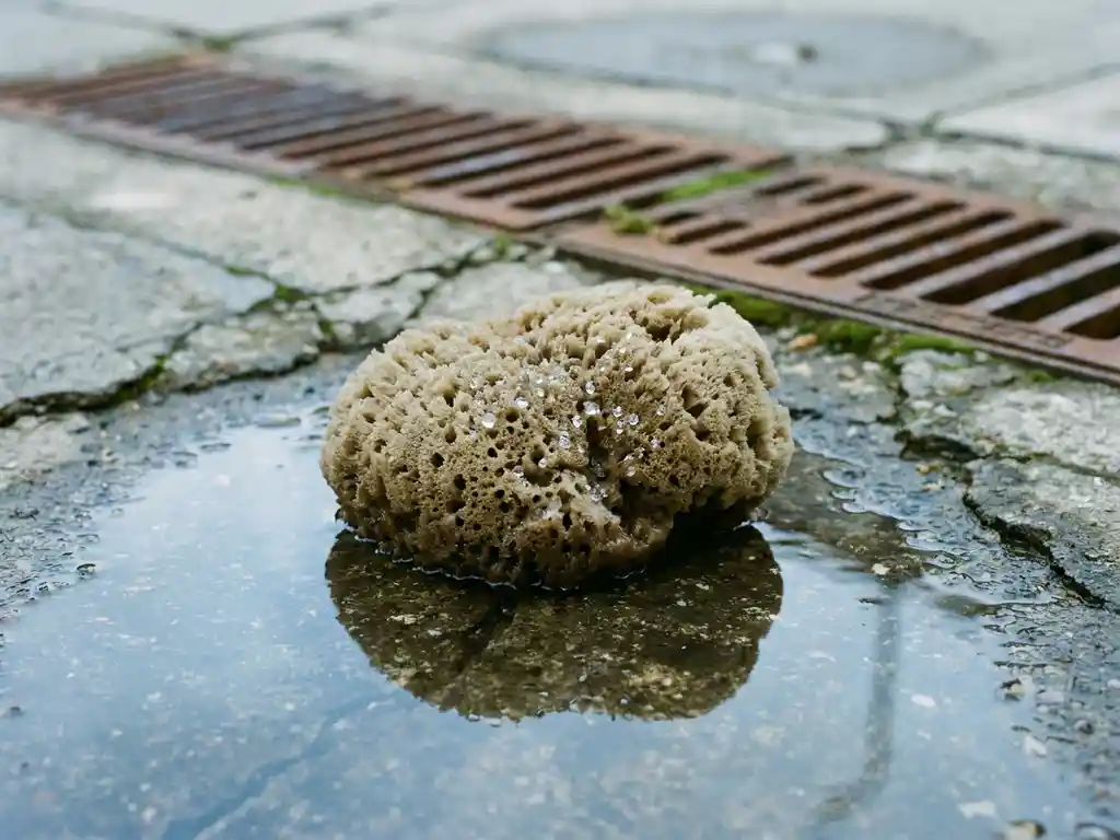 Großer Naturschwamm absorbiert Wassertropfen auf verwittertem Betonboden mit Kanalabdeckungen im Hintergrund