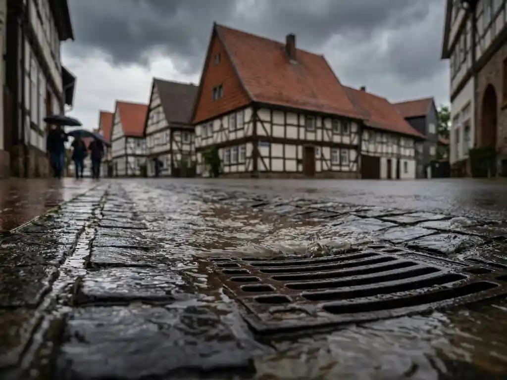 Regenwasser fließt durch Kopfsteinpflaster-Rinnen zu einem Gully in deutscher Wohnsiedlung bei Sturm