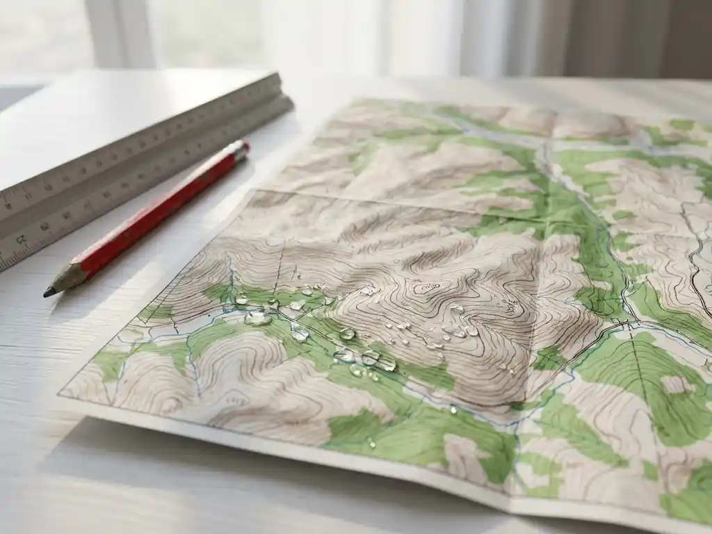 Topografische Karte mit Höhenlinien auf weißem Schreibtisch, blaue Wassertropfen in Tälern, Lineal und roter Bleistift
