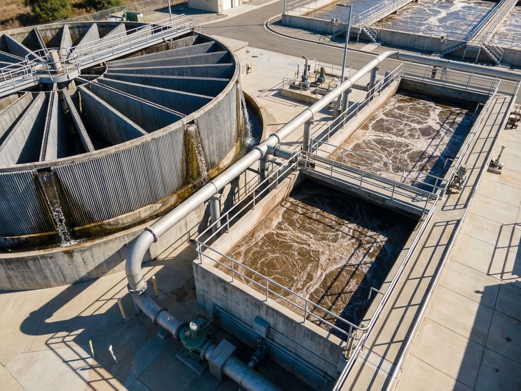 Zylindrischer Tropfkörper und rechteckiges Belebungsbecken einer Kläranlage mit sichtbarer Wasseraufbereitung bei Tageslicht