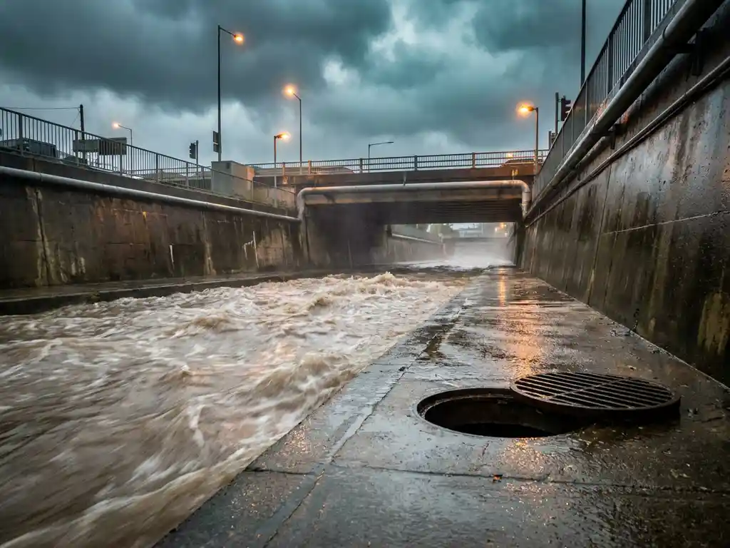 Überfluteter Entwässerungskanal mit braunem Hochwasser, städtische Straßeninfrastruktur und offene Wartungsluke sichtbar, dramatische Untersicht.