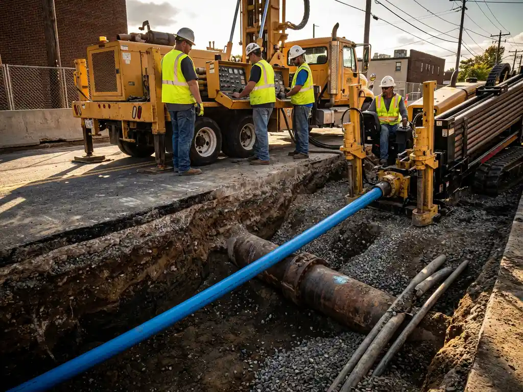 Unterirdische Rohrreparatur mit grabenlosen Verfahren, Bohrmaschine verlegt neue Rohrauskleidung, Bauarbeiter bedienen Geräte