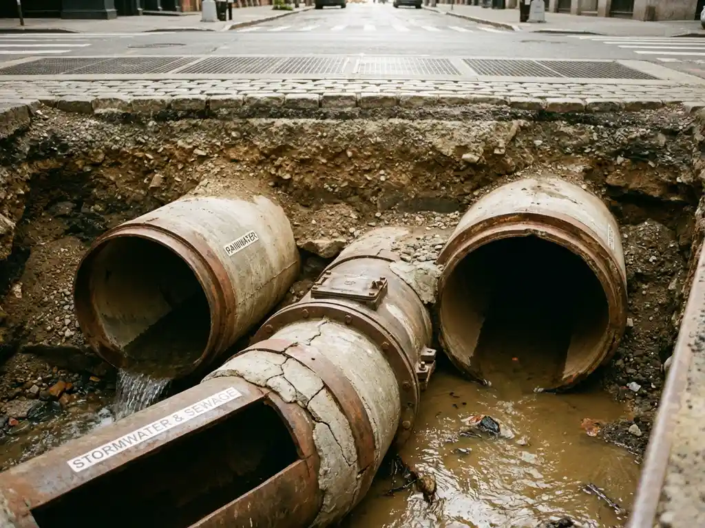 Querschnitt unterirdischer Rohrsysteme unter Stadtstraße zeigt parallele Abwasser- und Regenwasserleitungen aus Beton und Stahl