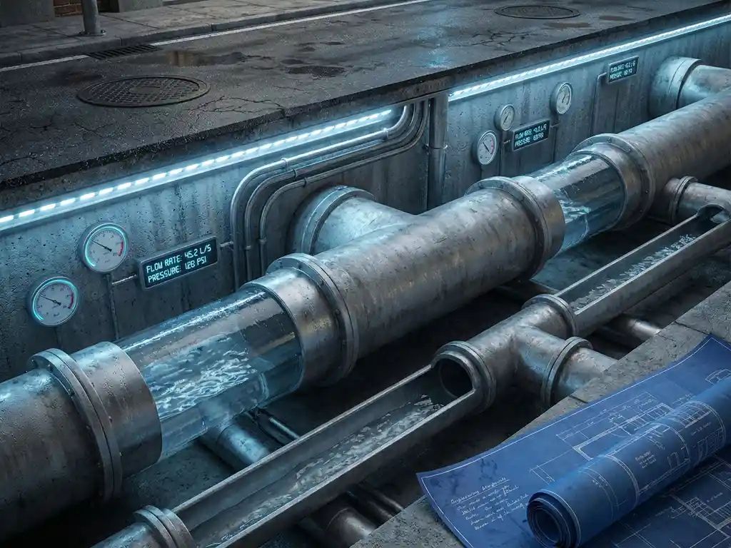 Querschnitt unterirdischer Wasserleitungen und Kanäle unter Stadtstraße mit Messgeräten und Bauplänen