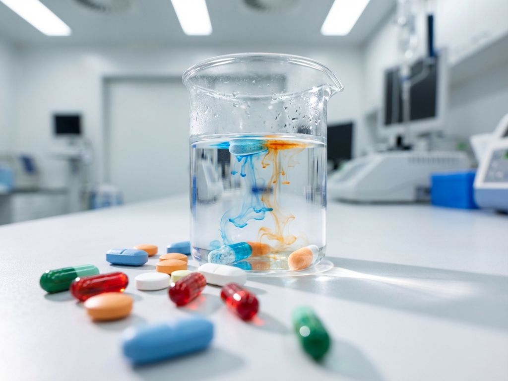 Klares Wasserglas auf weißer Laboroberfläche umgeben von bunten Medikamenten und Kapseln in steriler Umgebung
