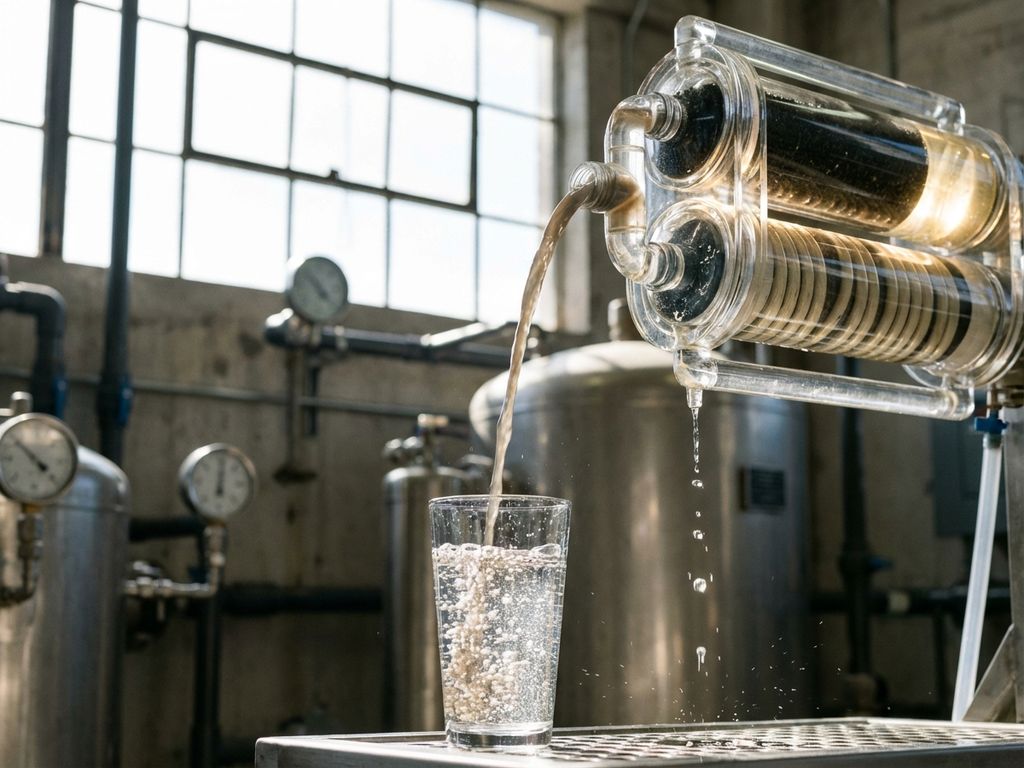 Industrielles Wasser wird durch mehrstufiges Filtersystem gereinigt und fließt klar in Glas, Rohre im Hintergrund
