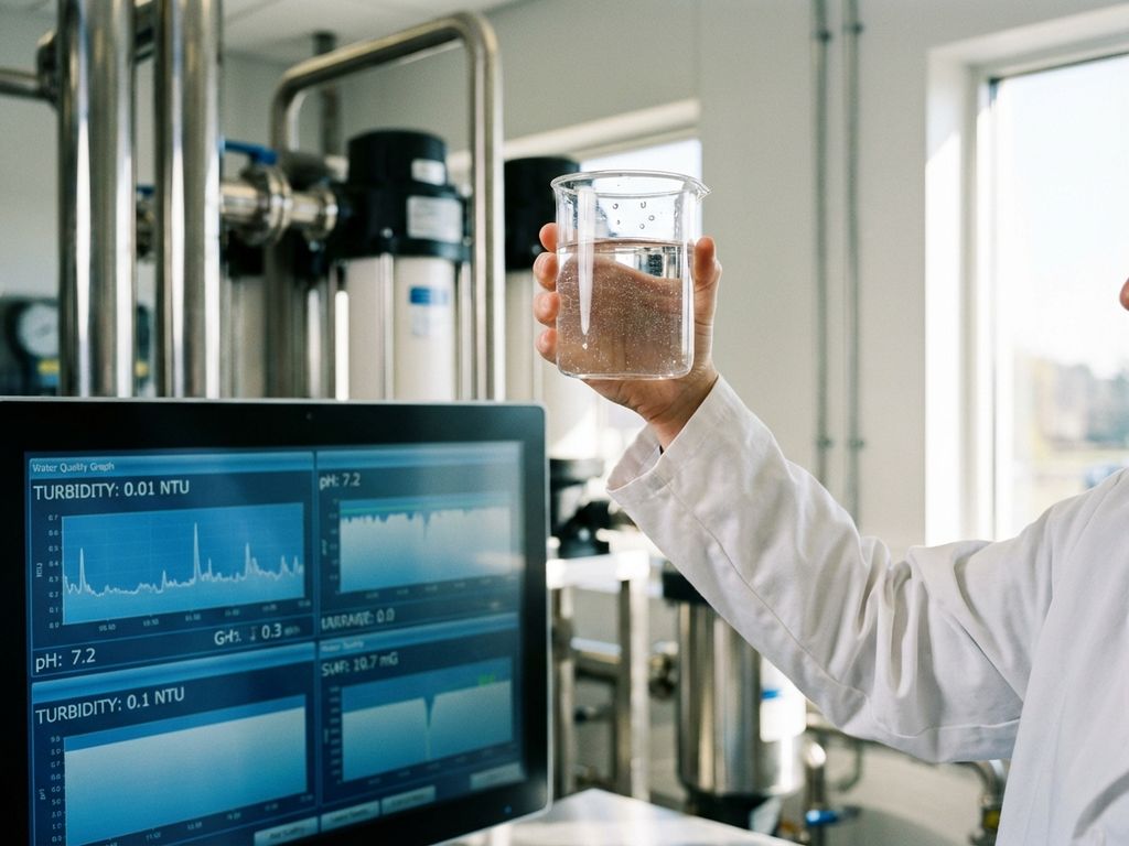 Labortechniker in weißem Kittel prüft klare Wasserprobe im Glas vor modernen Überwachungsbildschirmen einer Wasseraufbereitungsanlage