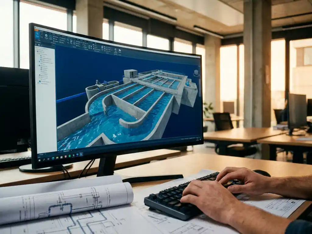 3D-Architekturmodell einer Wasseraufbereitungsanlage mit blauen Wasserkanälen auf Computermonitor, Ingenieur tippt auf Tastatur