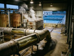 Industrielle Wasseraufbereitungsanlage mit Stahlrohren und Filtertanks, verschmutztes Wasser wird zu sauberem Wasser behandelt