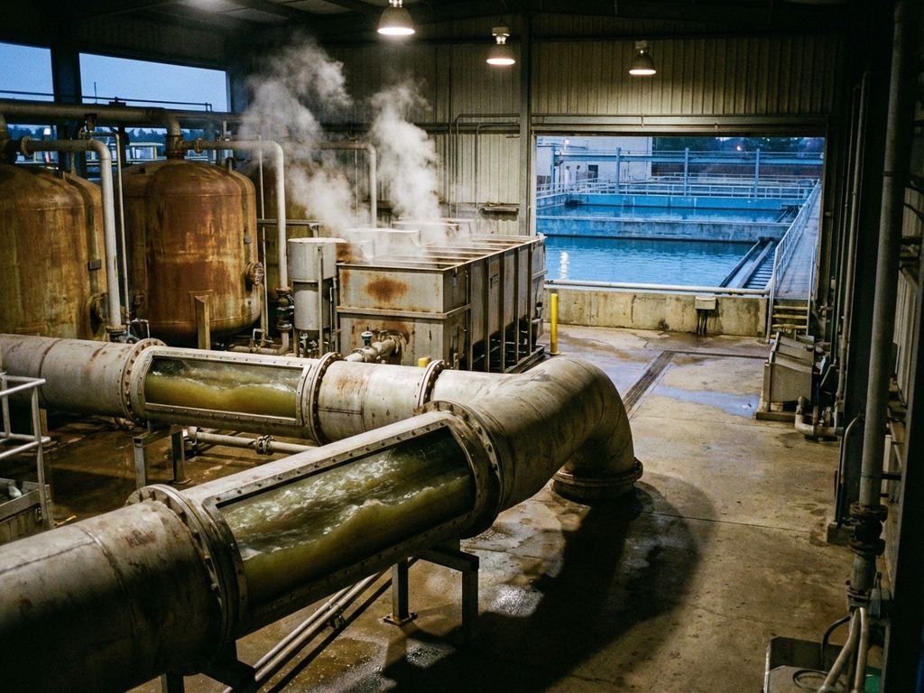 Industrielle Wasseraufbereitungsanlage mit Stahlrohren und Filtertanks, verschmutztes Wasser wird zu sauberem Wasser behandelt