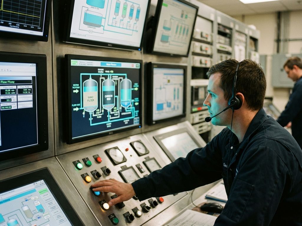 Kontrollraum-Operator überwacht Wasseraufbereitungsanlage an mehreren Bildschirmen mit Filtrationstanks und Bedienfeld