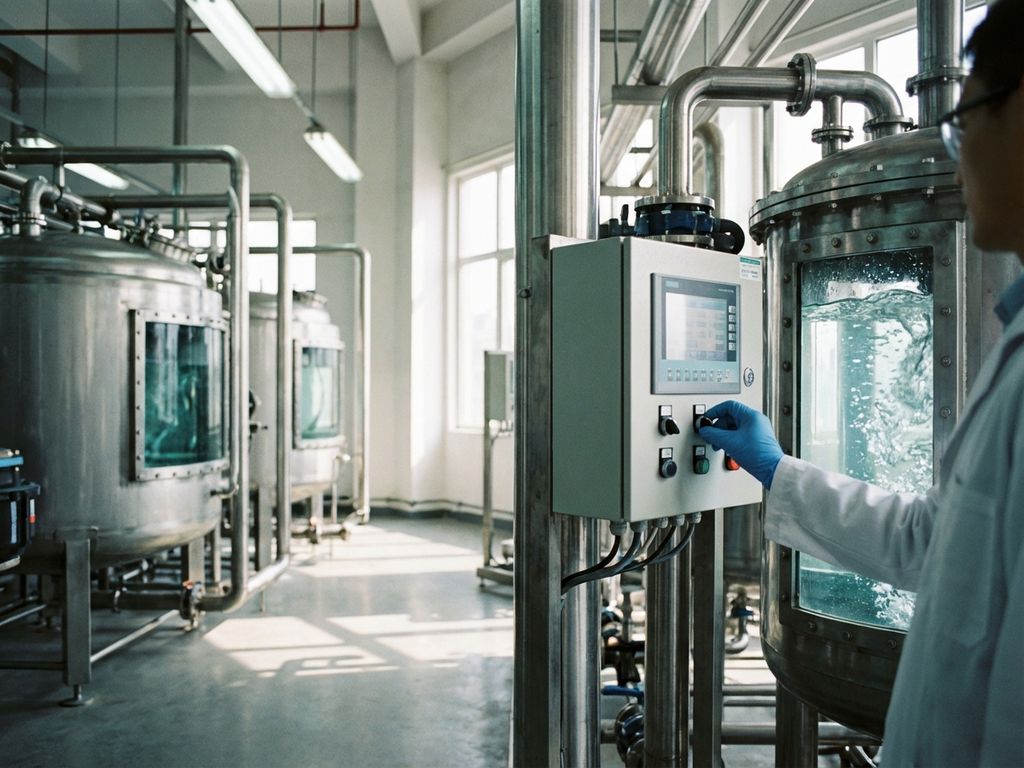 Techniker in weißem Kittel justiert Bedienfelder in moderner Wasseraufbereitungsanlage mit Edelstahlrohren