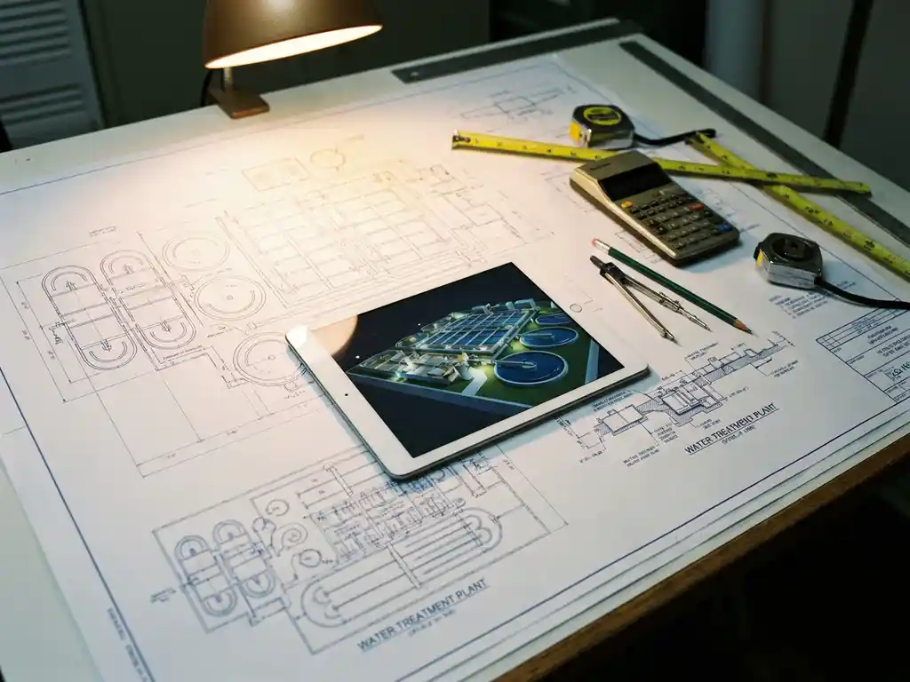 Tablet mit 3D-Modell einer Wasseraufbereitungsanlage liegt auf technischen Bauplänen, umgeben von Ingenieurswerkzeugen