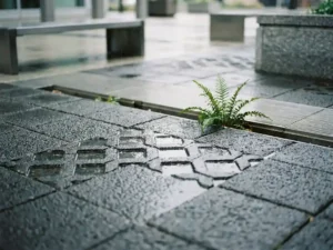Durchlässige Betonoberfläche mit Regenwasser, das durch poröse Textur sickert, geometrische Pfützenmuster und grüne Pflanze