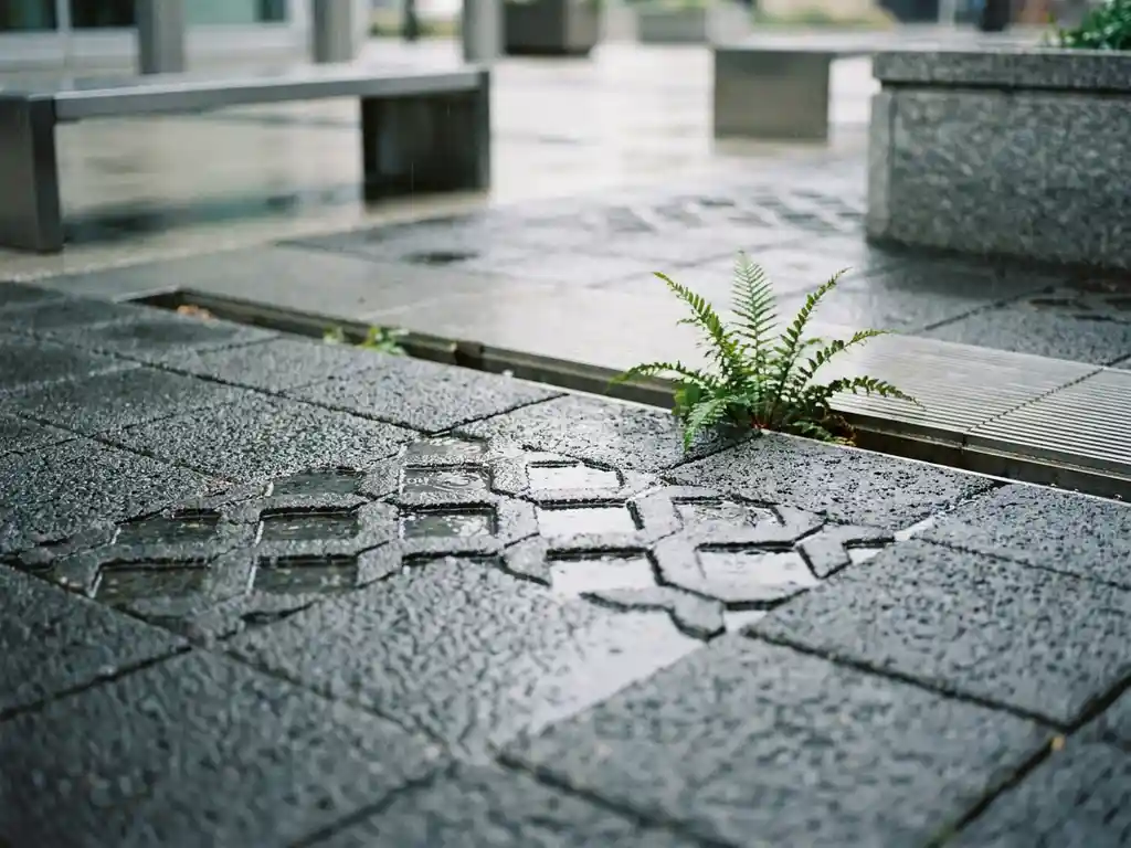 Durchlässige Betonoberfläche mit Regenwasser, das durch poröse Textur sickert, geometrische Pfützenmuster und grüne Pflanze