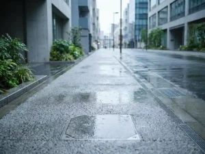 Regenfeuchte Stadtstraße mit wasserdurchlässigem Beton, Pfützen spiegeln bewölkten Himmel, moderne Entwässerungsgitter sichtbar