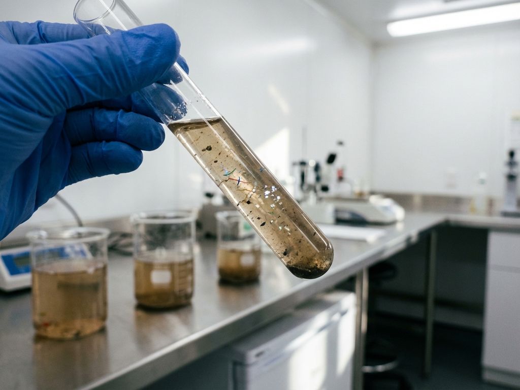 Wissenschaftler hält Reagenzglas mit kontaminierter Wasserprobe mit Mikroplastik und Pharmapartikeln im Labor