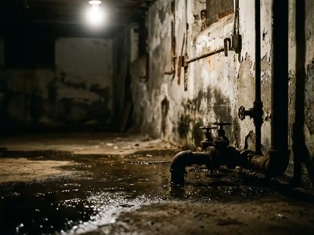 Wasserschäden im Keller mit Wasserflecken an der Wand, stehendem Wasser auf Betonboden und rostigen Rohren
