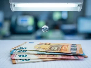 Wassertropfen schwebt über gestapelten Euro-Banknoten auf weißem Schreibtisch mit Rasterpapier