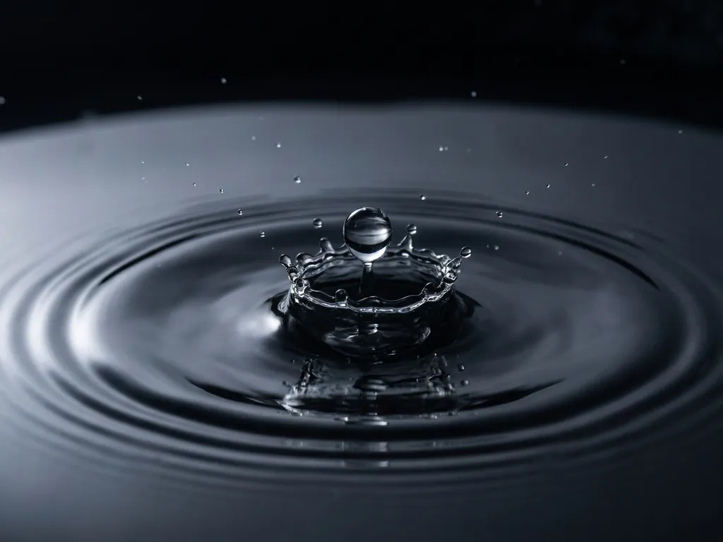 Regentropfen erzeugt konzentrische Wellen auf dunkler Wasseroberfläche mit silbernen Reflexionen und dramatischer Beleuchtung