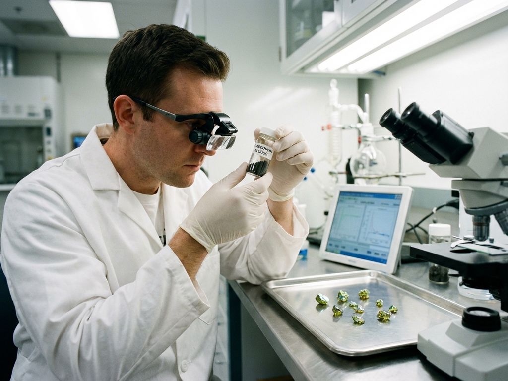 Wissenschaftler im Laborkittel untersucht Glasfläschchen mit dunkler Substanz neben Phosphorkristallen im Labor