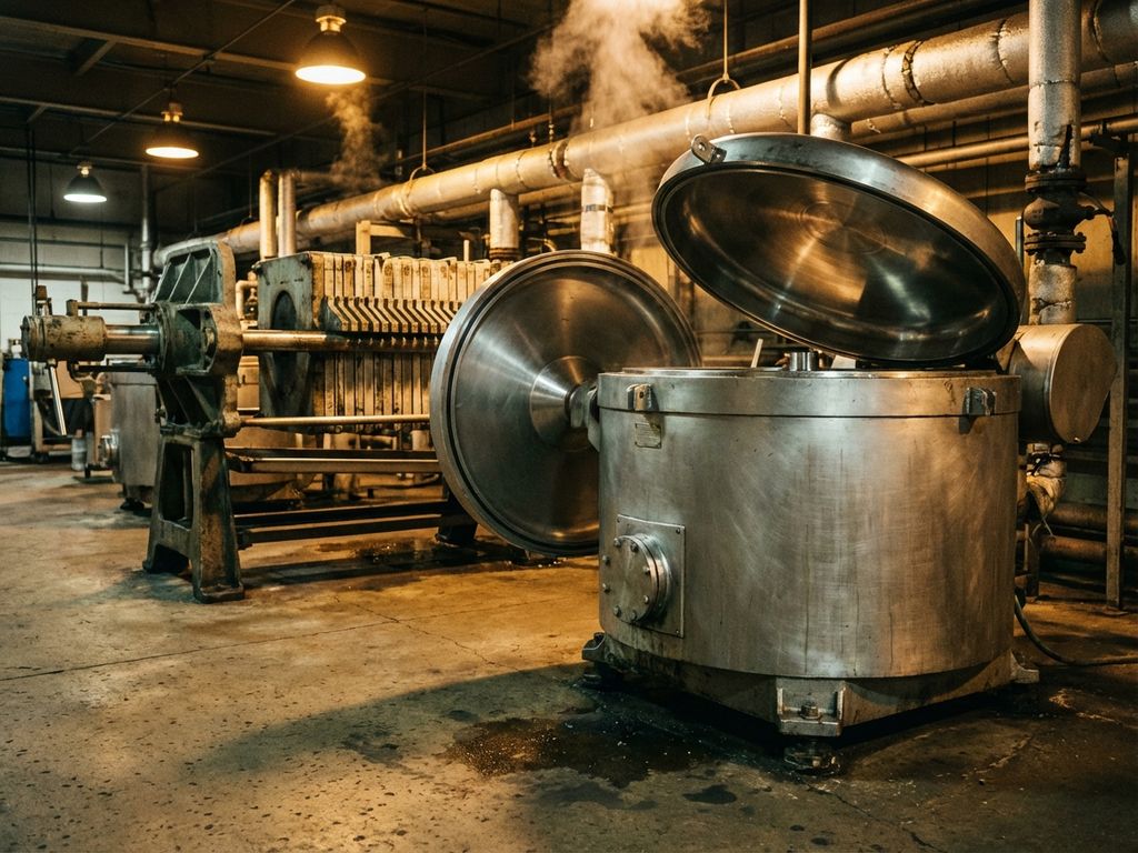 Moderne Industriezentrifuge mit geöffneter Kammer im Vordergrund, Filterpresse dahinter in Fabrikhalle mit Betonboden
