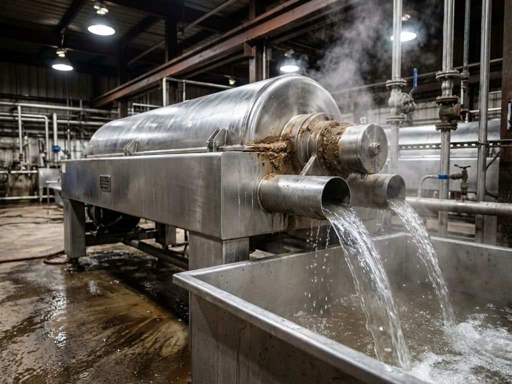Industrielle Zentrifuge aus Edelstahl trennt Schlamm von klarem Wasser in Aufbereitungsanlage