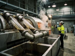 Industrielle Zentrifuge verarbeitet Klärschlamm während Techniker in Schutzausrüstung Anlage in Abwasserbehandlungswerk überwacht
