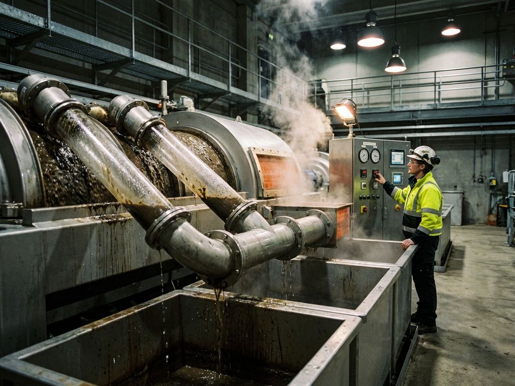 Industrielle Zentrifuge verarbeitet Klärschlamm während Techniker in Schutzausrüstung Anlage in Abwasserbehandlungswerk überwacht